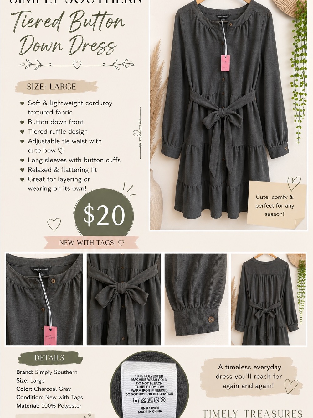 Simply Southern Charcoal Gray Tiered Button-Front Dress with Tie Waist - Picture 6 of 6